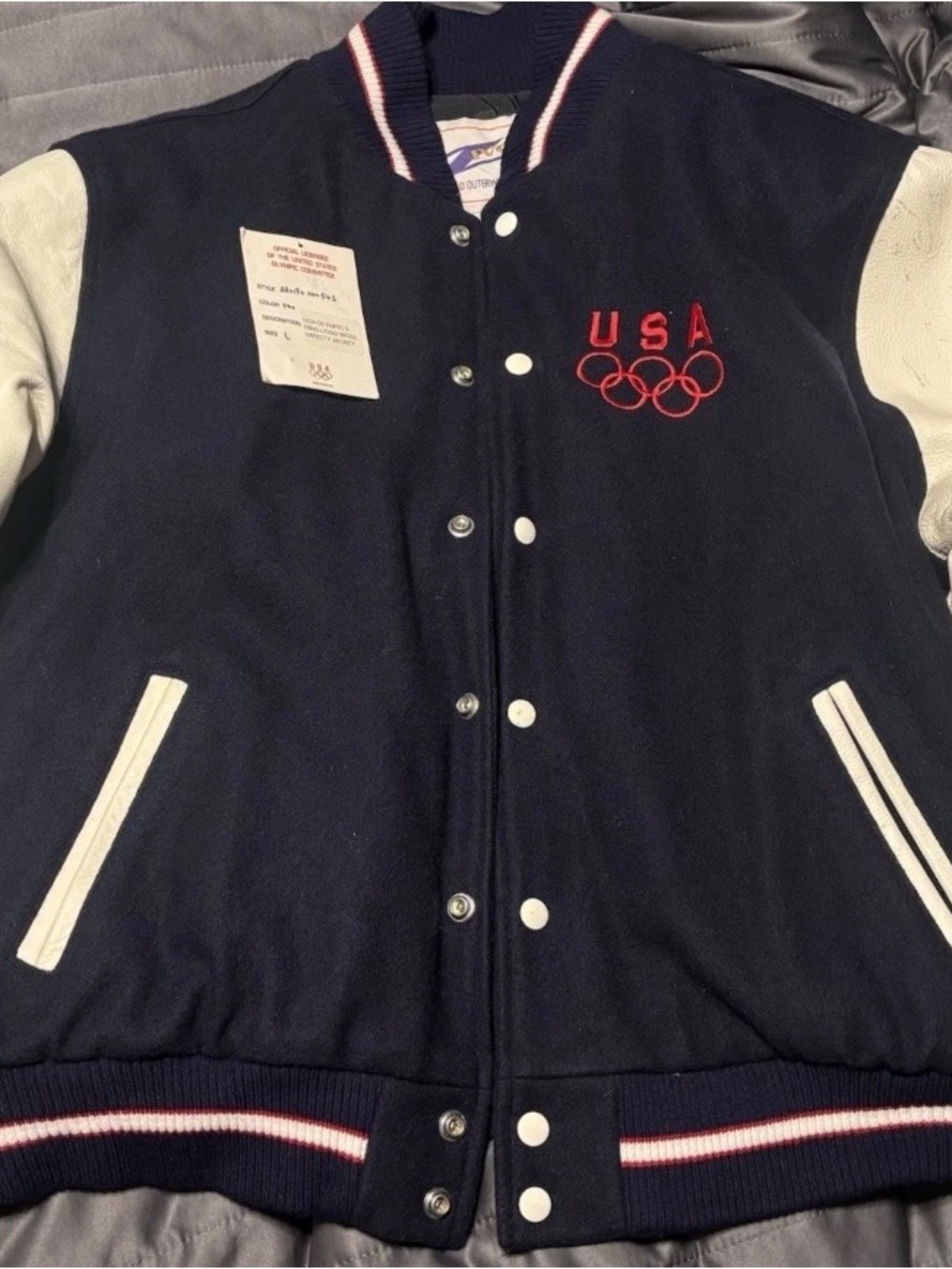 Vintage Team USA Olympic Navy & White Varsity Jacket with Red Embroidery